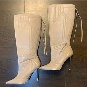NUDE CREAM COWGIRL HIGH HEEL KNEE HIGH BOOTS WINTER STYLE SPIKE HEEL TASSEL SZ10